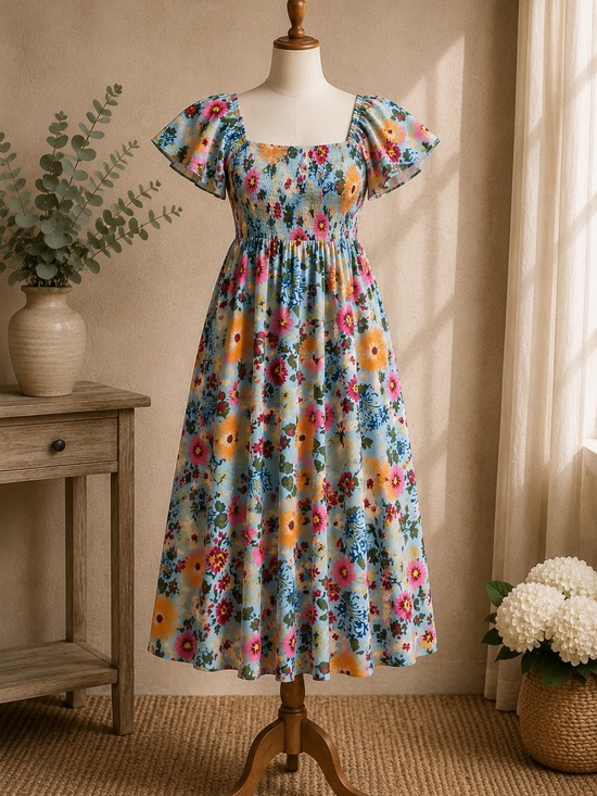 BloomChic Dresses & Skirts - BloomChic 2X Floral Smocked Midi Dress Blue Boho Flutter Sleeve Pockets